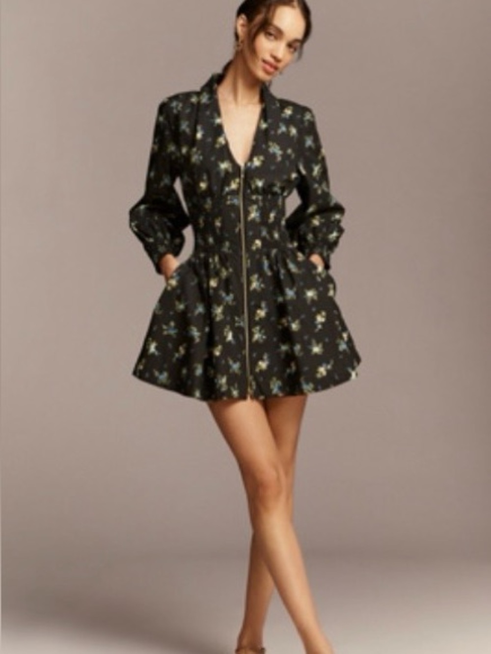 Anthropologie Tommie Long-Sleeve Smocked Front-Zip Mini Dress – XS – NWT
